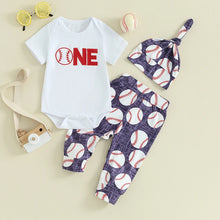 Load image into Gallery viewer, Baby Boys Girls 3Pcs First Birthday Outfit Letter ONE Print Short Sleeve Romper with Baseball Print Pants and Hat Set
