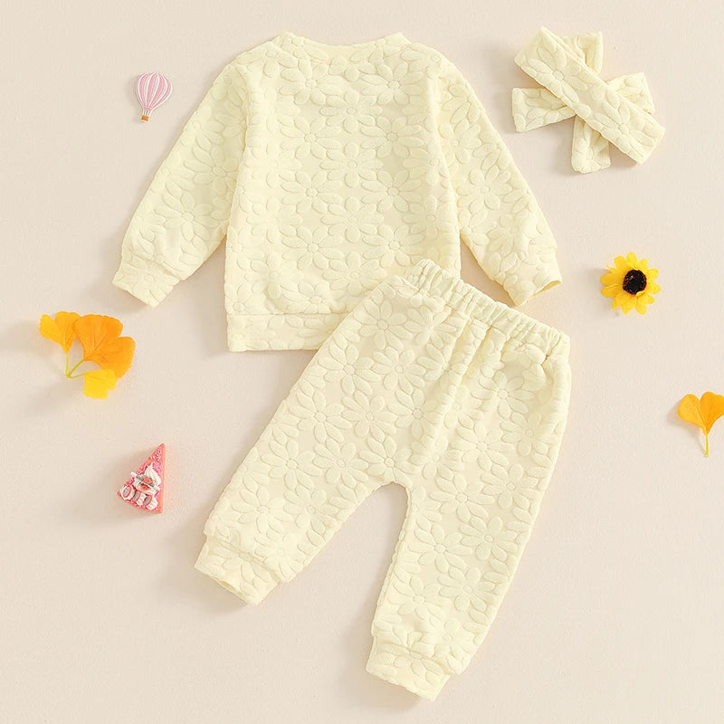 Baby Toddler Girls 3Pcs Fall Outfit Daisy Flower Embroidery Long Sleeve Top with Elastic Waist Pants Headband Set