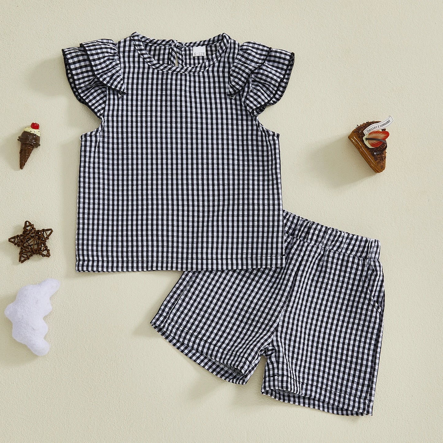 Baby Toddler Girls 2Pcs Plaid Outfit Fashionable Cute Flying Sleeve Top with Shorts Clothing Set