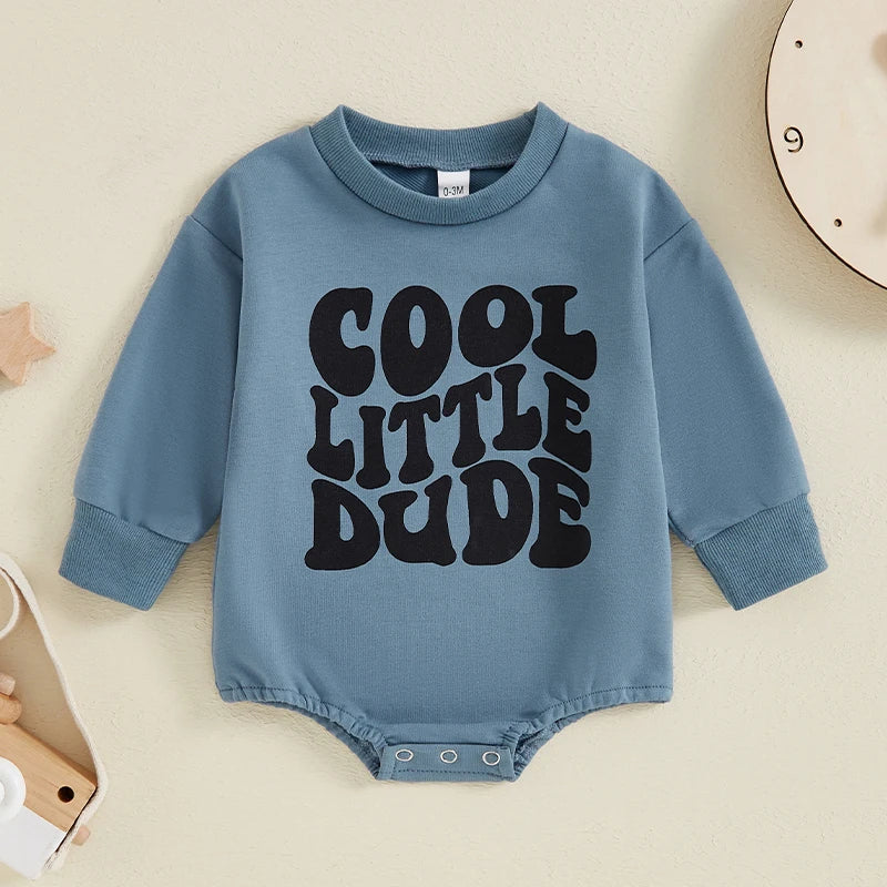 Baby Boy Cool Little Dude Bubble Romper Letter Print Round Neck Long Sleeve Casual Jumpsuit Bodysuit