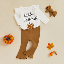 Load image into Gallery viewer, Baby Girls 3Pcs Little Pumpkin Halloween Outfit Pumpkin Print Ruffle Long Sleeve Romper Ribbed Flare Pants Headband Set
