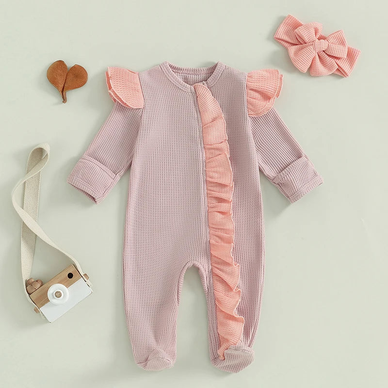 Baby Girls 2Pcs Outfit Long Sleeve Crew Neck Frills Zipper Romper Contrast Color Footies and Headband Set