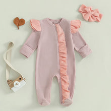 Load image into Gallery viewer, Baby Girls 2Pcs Outfit Long Sleeve Crew Neck Frills Zipper Romper Contrast Color Footies and Headband Set
