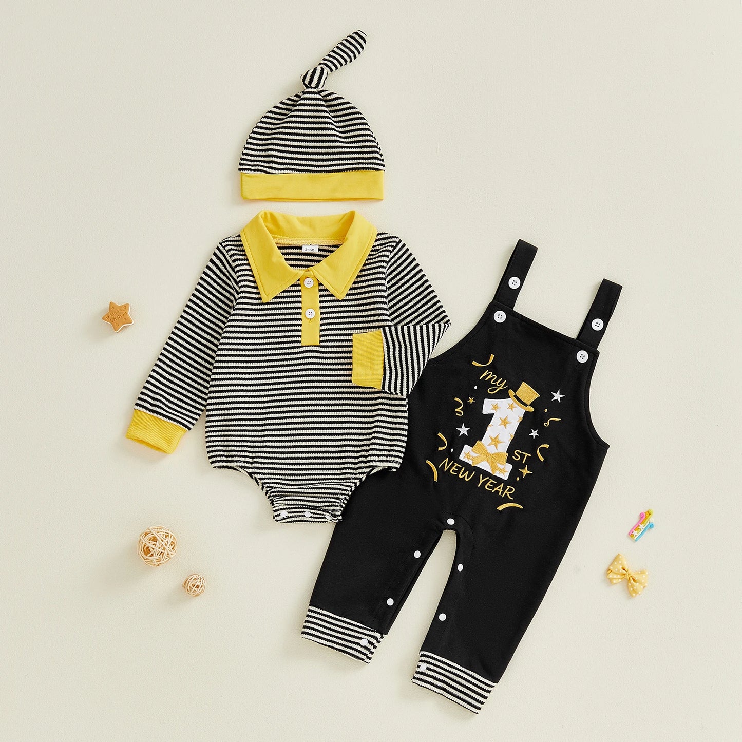 Baby Boy 3Pcs My First New Years Outfit Long Sleeve Turn Down Collar Striped Jumpsuit Letter Number Embroidery Overalls and Hat Set