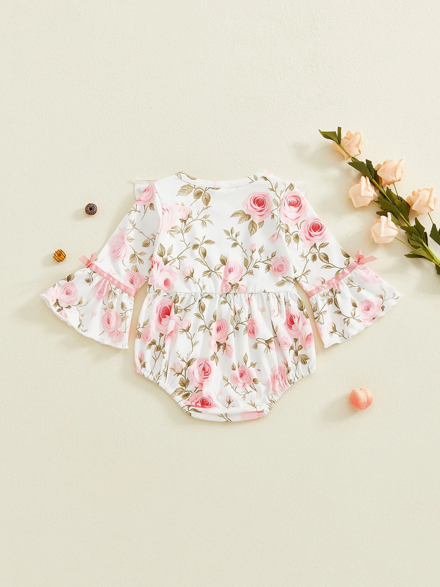 Baby Girls Floral Romper Comfortable Long Sleeve Round Neck Flower Print Jumpsuit