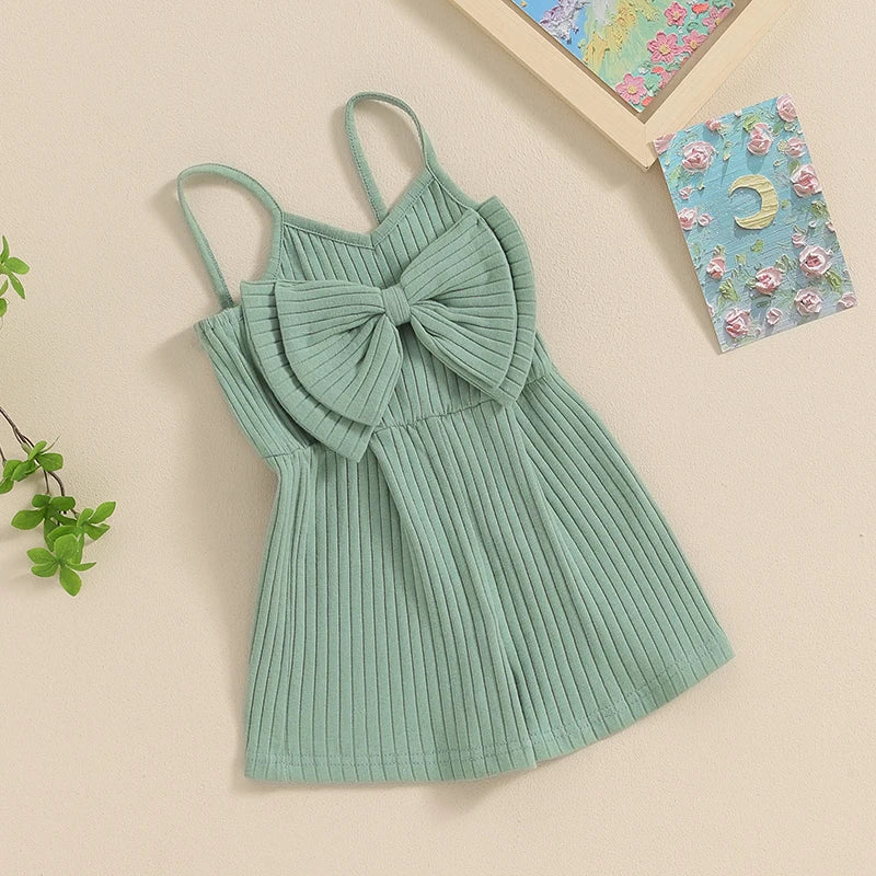 Baby Toddler Girls Ribbed Jumpsuit Cute Bow Sleeveless Tank Top Romper Shorts