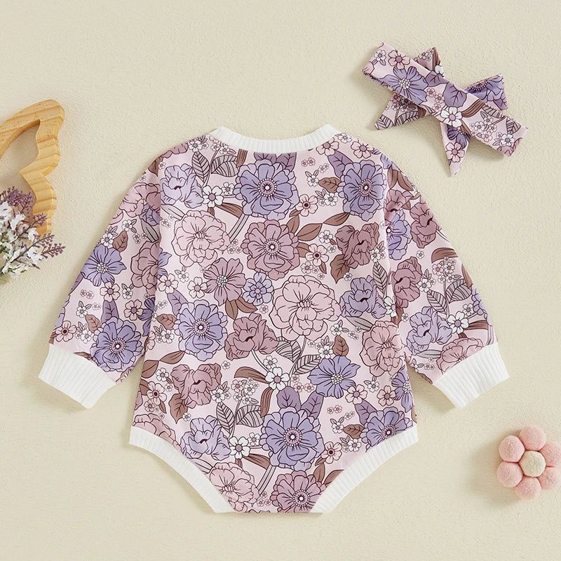 Baby Girls 2Pcs Autumn Casual Romper Long Sleeve O Neck Flower Print Romper with Headband Set