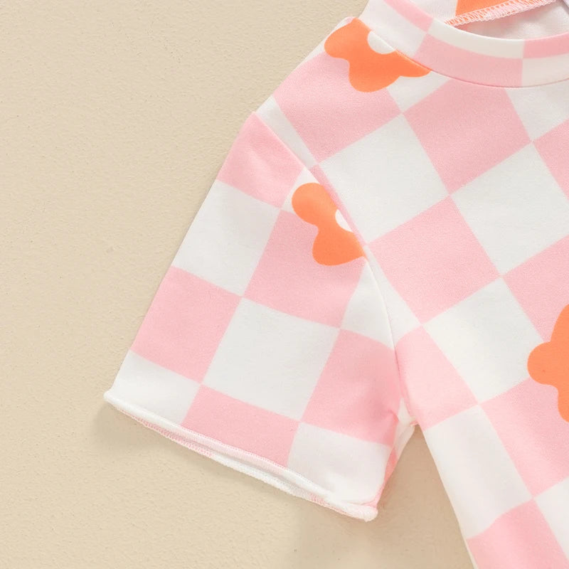 Baby Toddler Kids Girls 2Pcs Clothing Sets Floral Checkerboard Print Short Sleeve O-neck Top + Elastic Waist Shorts Set Outfit