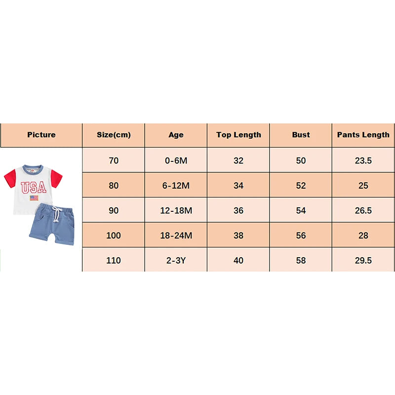 Baby Toddler Boys 2Pcs USA 4th of July Outfit Letter Flag Embroidery Contrast Color Short Sleeve Top and Shorts Clothes Set