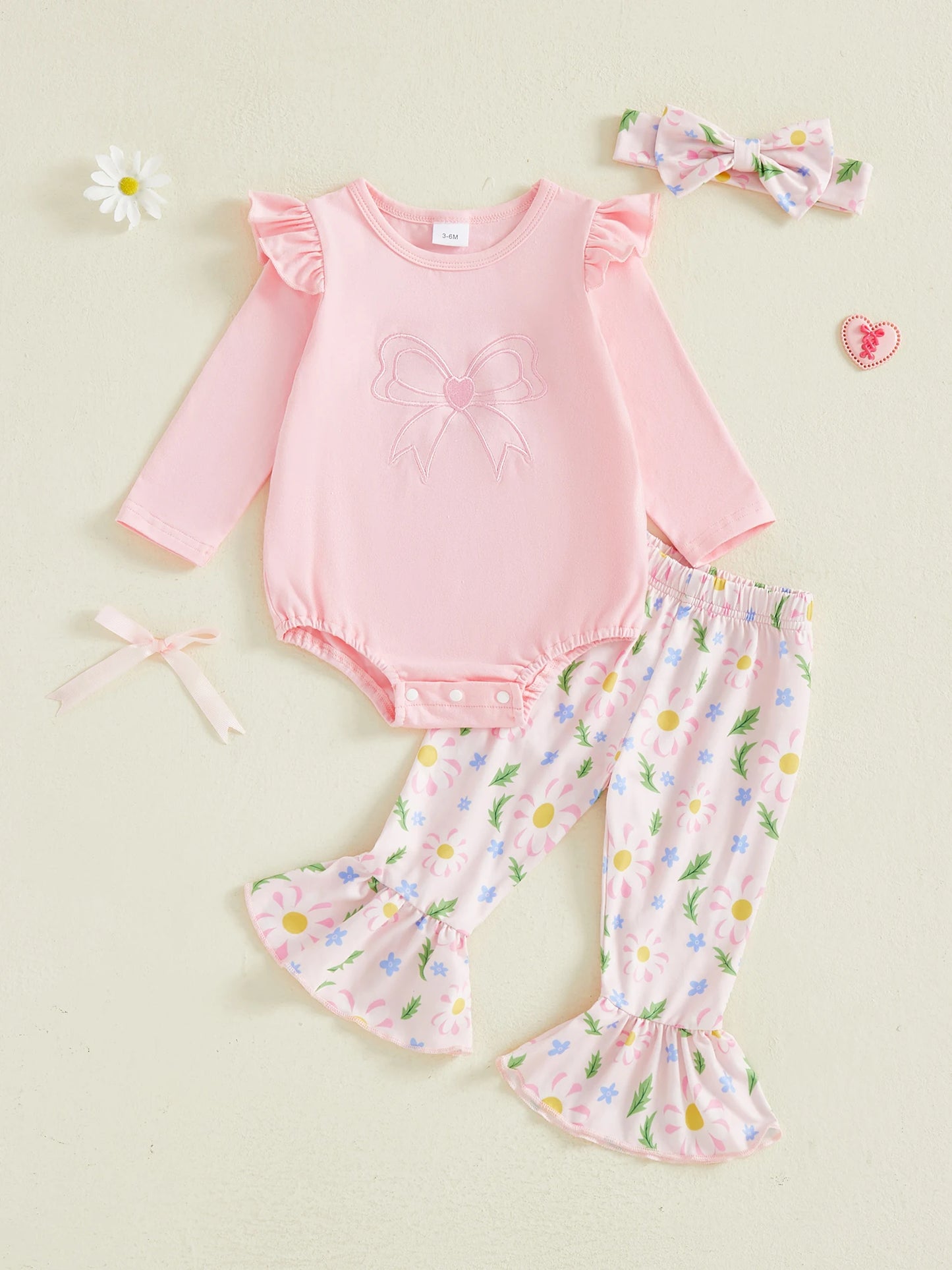 Baby Girls 3 Piece Outfit Long Sleeve Round Neck Bow Embroidery Jumpsuit Headband Elastic Waist Flared Pants Set