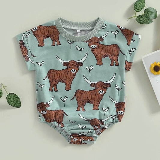 Baby Boys Western Romper Short Sleeve Highland Cow Print Jumpsuit Clothes Bodysuit