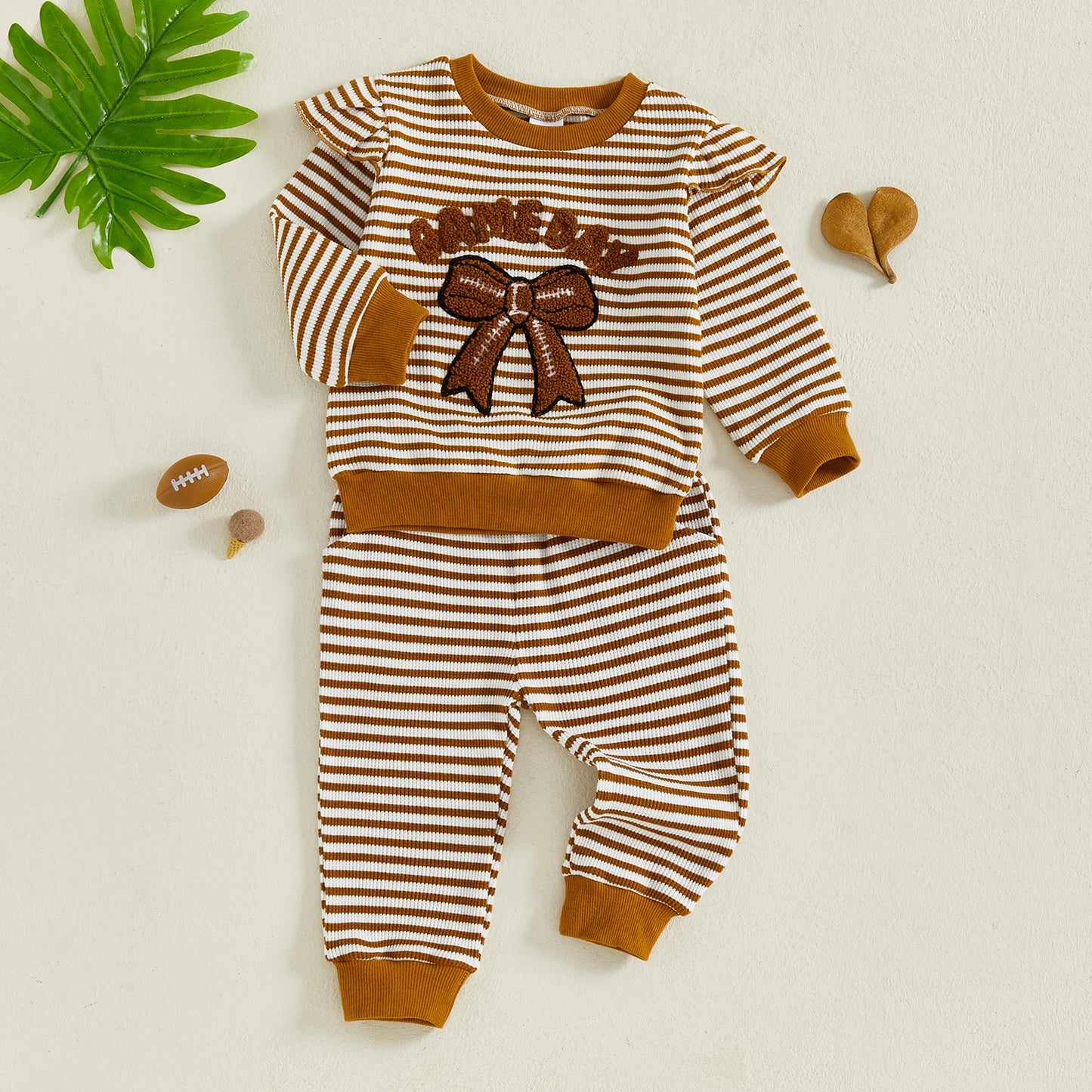 Baby Toddler Girls 2Pcs Game Day Fall Outfits Letter Bow Embroidered Striped Crew Neck Long Sleeve Top with Jogger Pants 2Pcs Set