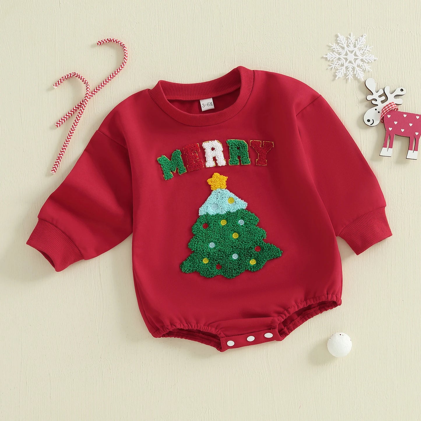 Baby Girl Boy Merry Romper Long Sleeve Round Neck Letter Christmas Tree Embroidery Bubble Jumpsuit