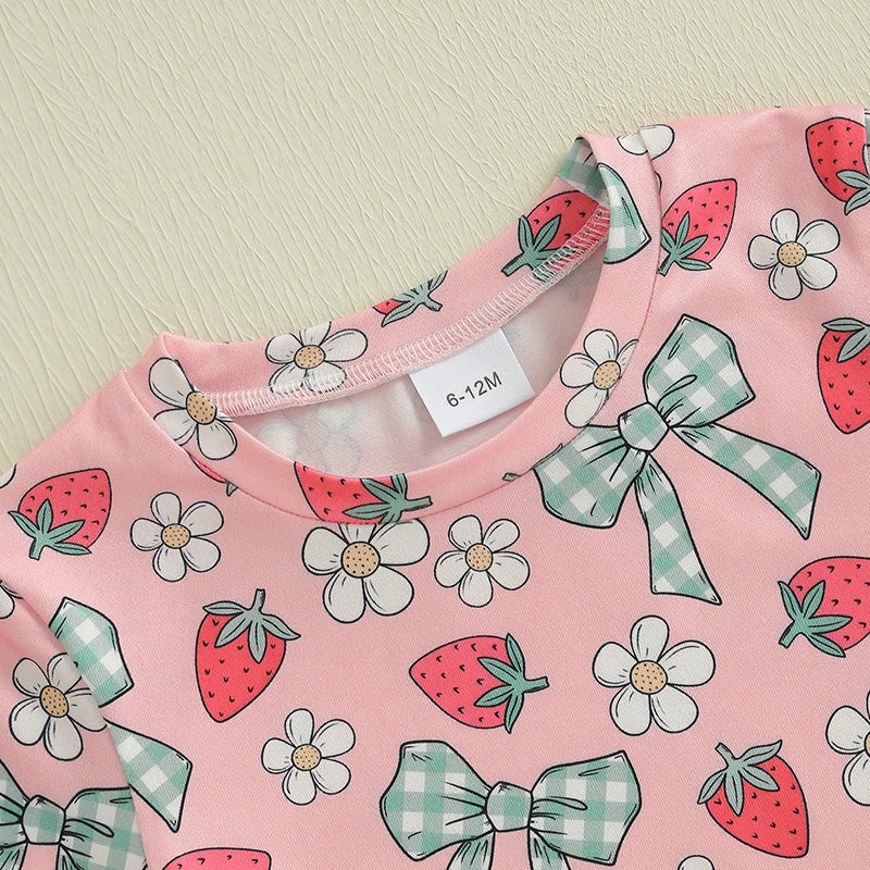 Baby Toddler Girls 2Pcs Summer Spring Outfit Short Sleeve Bow Strawberry Flower Floral Print Top + Shorts Set Clothes