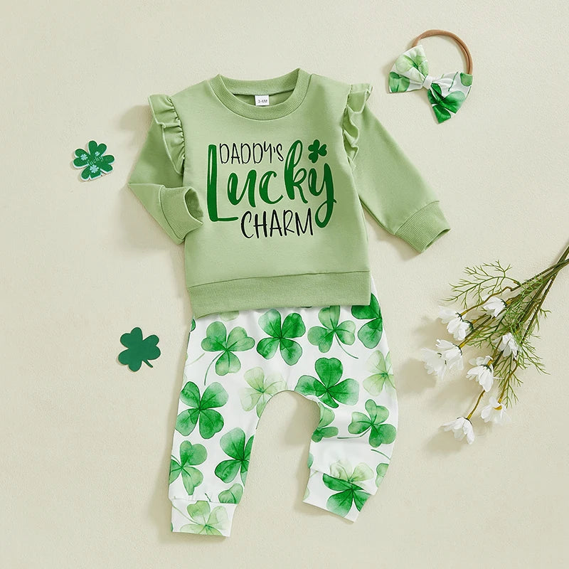 Baby Toddler Girls 3Pcs Daddy's Lucky Charm / Lucky Clover Spring Outfit Long Sleeve Top + Shamrock Pants + Headband Bow Set Clothes St. Patrick's Day