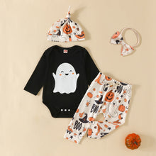 Load image into Gallery viewer, Baby Girl 4Pcs Halloween Sets Black Long Sleeve Romper Ghost Pumpkin Print Pants Hat Bow Headband
