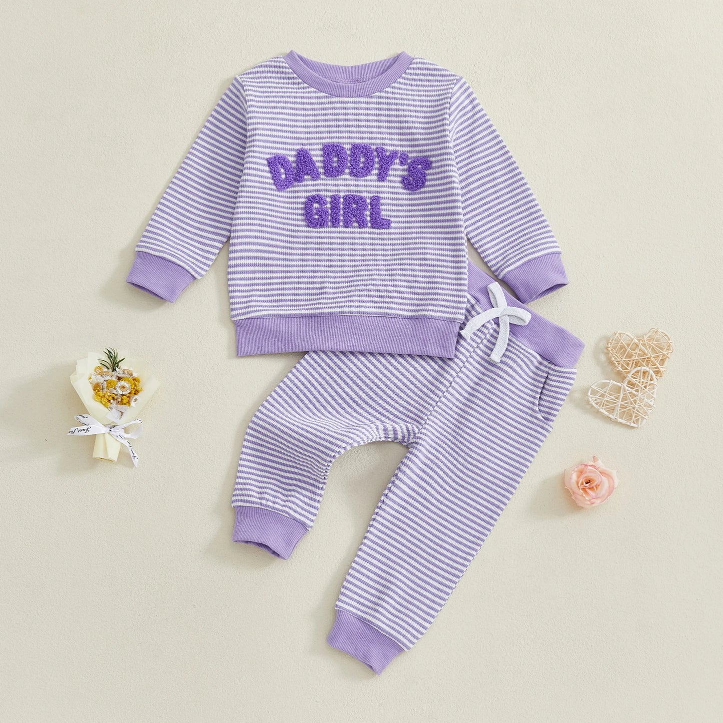 Baby Toddler Girl 2Pcs Daddy's Girl Fall Stripe Outfits Letter Embroidery Long Sleeve Round Neck Pullover Elastic Waist Pants 2Pcs Set