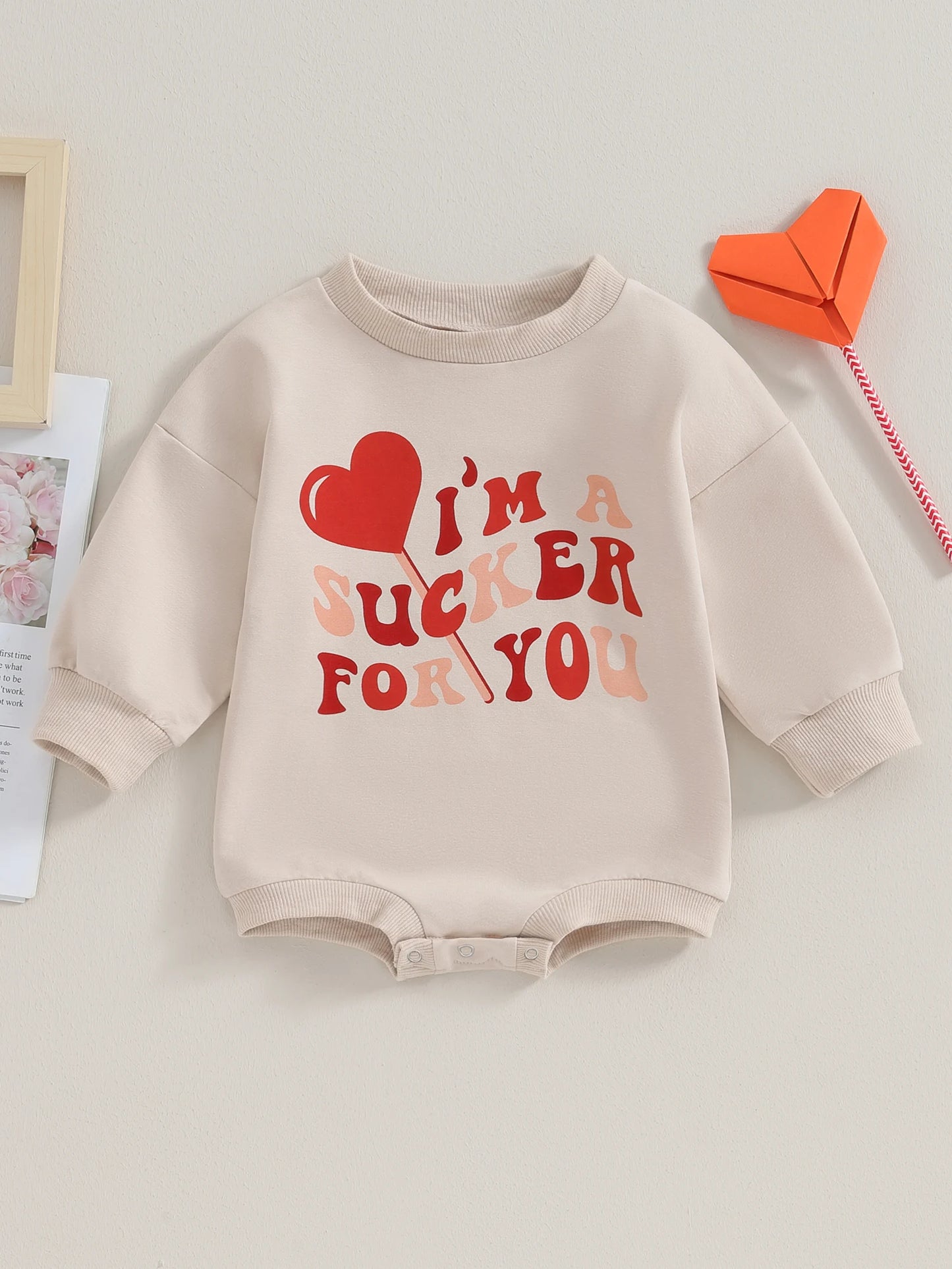 Baby Boy Girl Bubble Romper Long Sleeve Letters I'm A Sucker For You Heart Print Round Neck Jumpsuit Valentine's Day