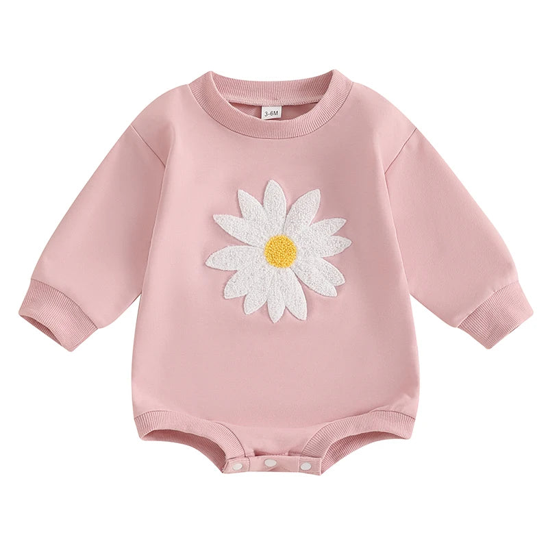 Baby Girls Bubble Romper Long Sleeve Crew Neck Embroidery Flower Jumpsuit Spring