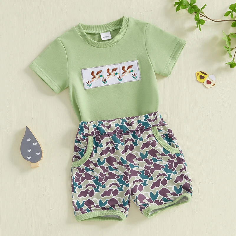 Baby Toddler Boys 2Pcs Summer Outfit Duck Embroidery Short Sleeve Top and Elastic Camouflage Shorts Set