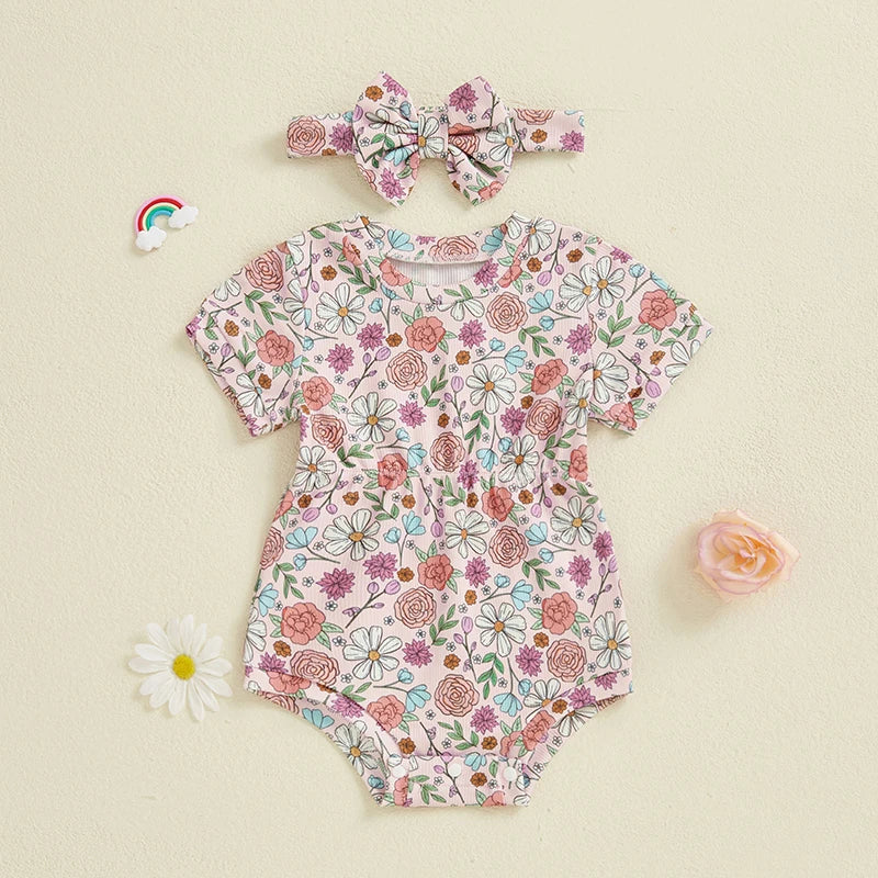 Baby Girls 2Pcs Elastic Waist Romper Floral Flowers / Bow / Strawberry Short Sleeve Bodysuit with Headband Clothes Set Outfit Spring Summer