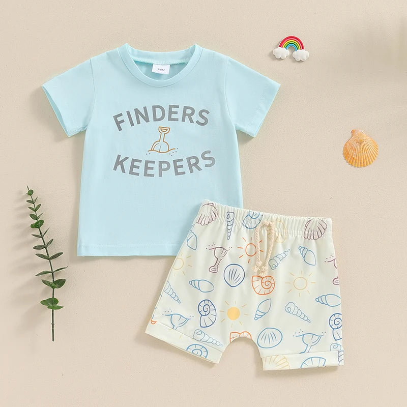 Baby Toddler Boys 2Pcs Finders Keepers / Take Me To The Beach Short Sleeve Letter Print Top and Drawstring Shorts Set