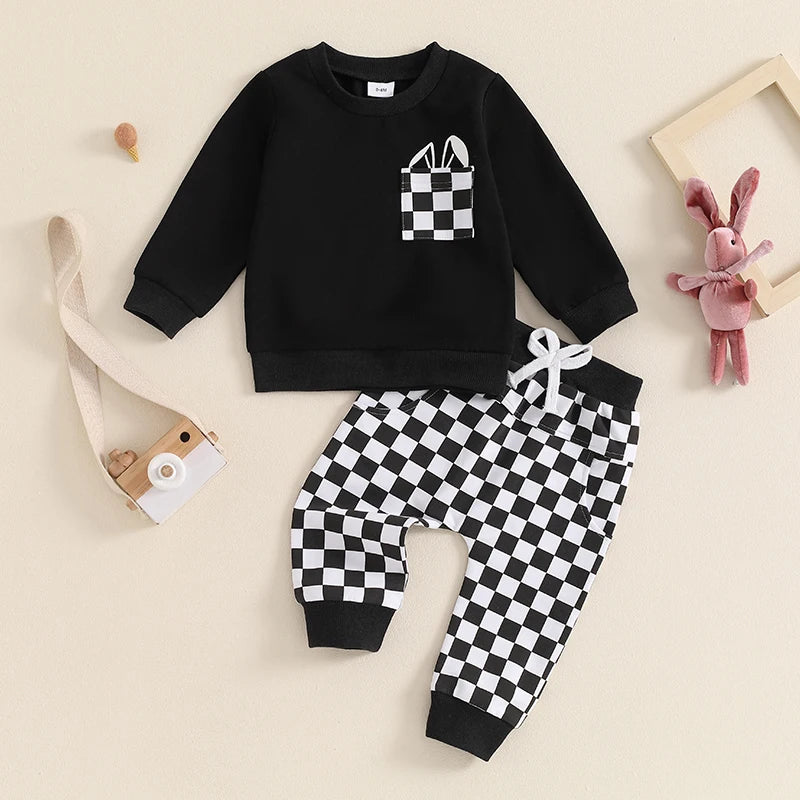 Baby Toddler Boys 2Pcs Autumn Outfit Long Sleeve O Neck Top Bunny Rabbit Ears Pocket Checkered Print Pants Set