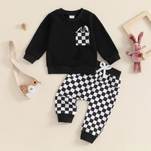 Load image into Gallery viewer, Baby Toddler Boys 2Pcs Autumn Outfit Long Sleeve O Neck Top Bunny Rabbit Ears Pocket Checkered Print Pants Set
