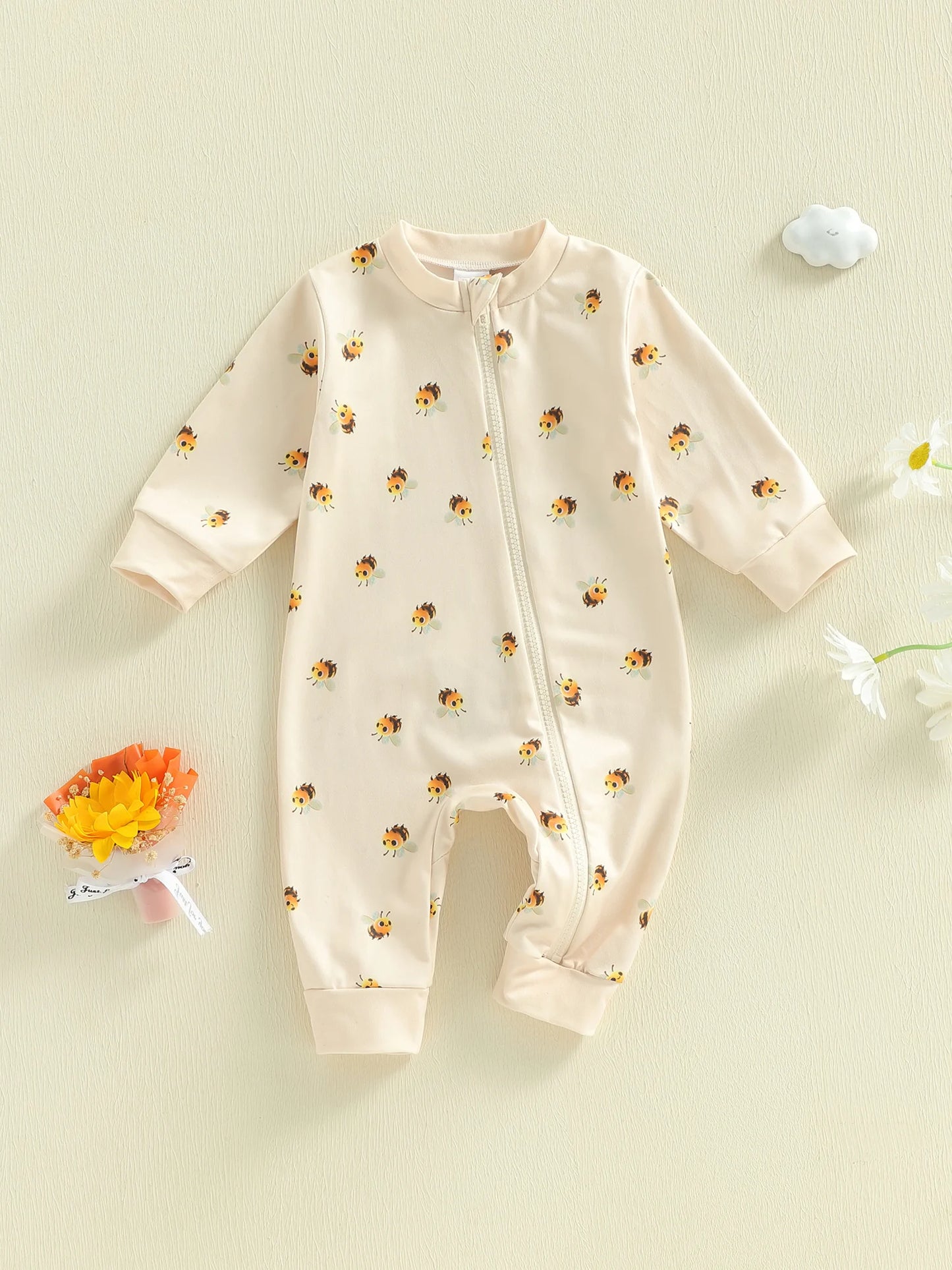 Baby Boy Girl Zipper Romper Crew Neck Long Sleeve Cute Bee Print Zip Up Jumpsuit