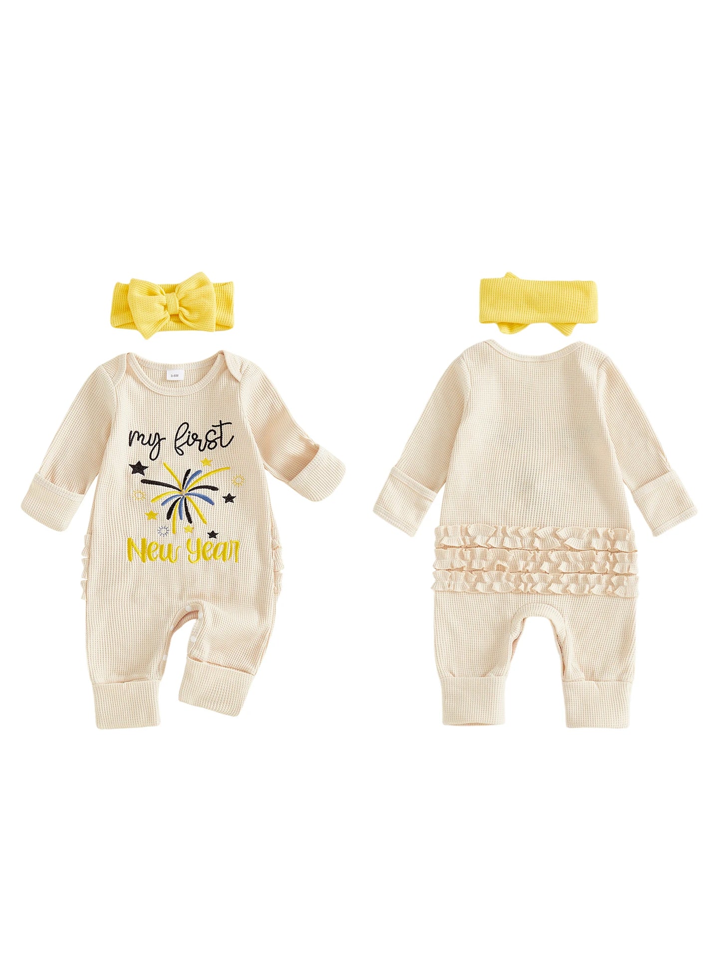 Baby Girl 2Pcs My First New Year Romper Long Sleeve Round Neck Waffle Knit Letter Embroidery Infant Bodysuit with Bow Headband Set