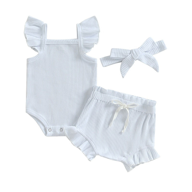 Baby Toddler Girls 3Pcs Flutter Sleeve Solid Romper Tops Drawstring Short Pants Headband Outfit