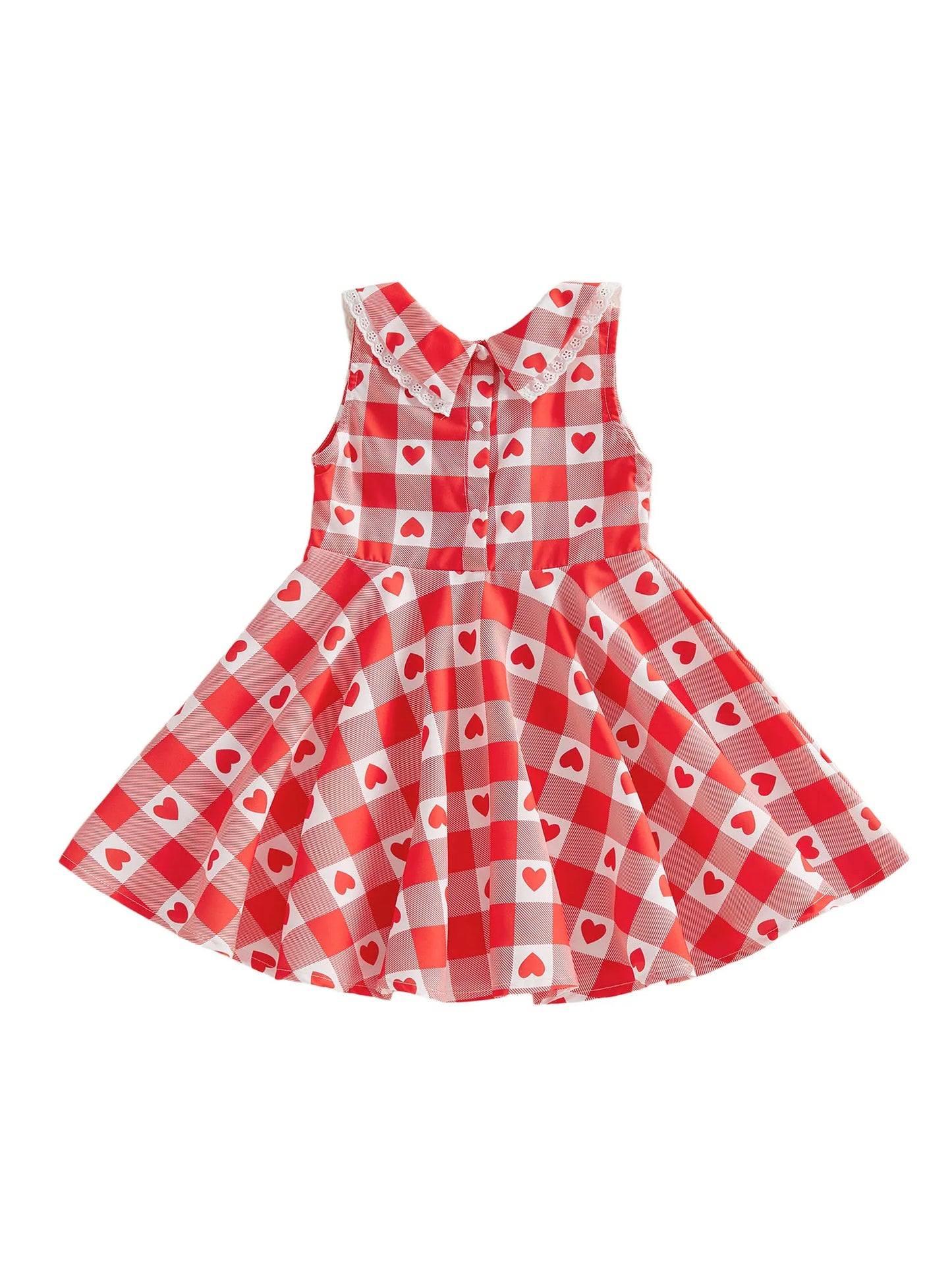 Baby Toddler Kids Girls Valentine's Day Dress Summer Sleeveless Lapel Plaid Heart Print Sweet A-Line Sundress