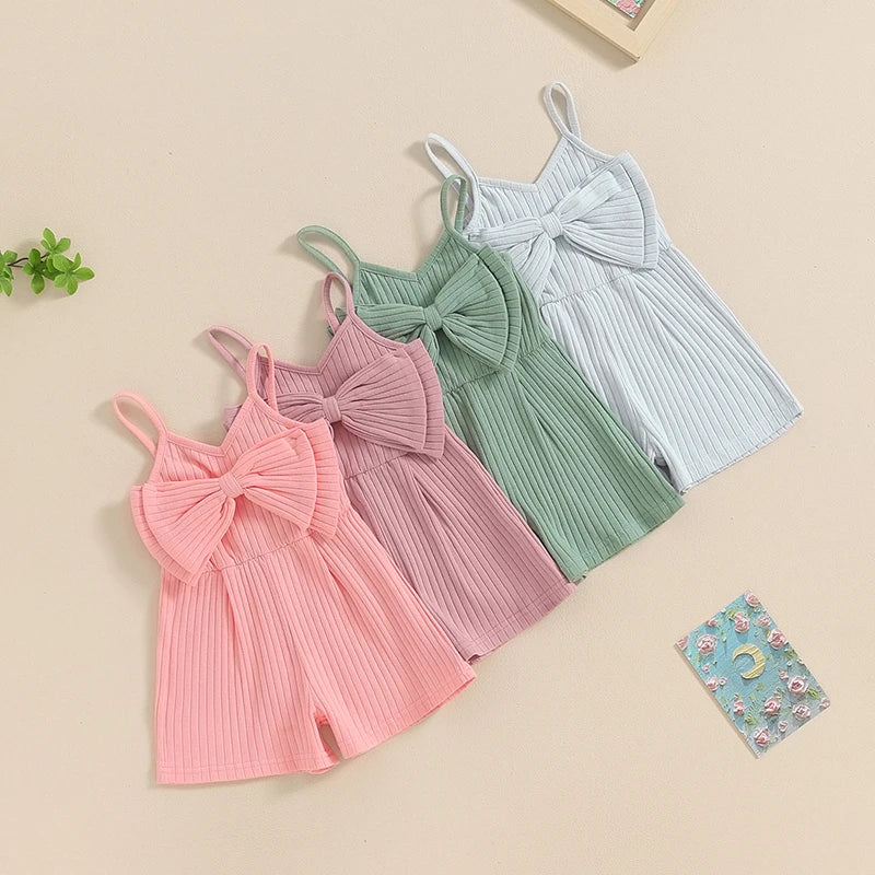 Baby Toddler Girls Ribbed Jumpsuit Cute Bow Sleeveless Tank Top Romper Shorts