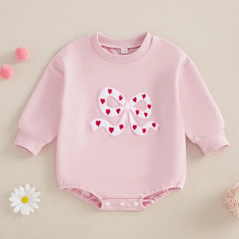 Baby Girl Bubble Romper Heart Bow Embroidery Long Sleeve Crew Neck Valentine's Day Jumpsuit