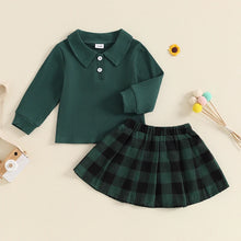 Load image into Gallery viewer, Toddler Kids Girls 2Pcs Long Sleeve Collared Shirt Top with Pleated Mini Plaid Skirt Fall Outfit Set
