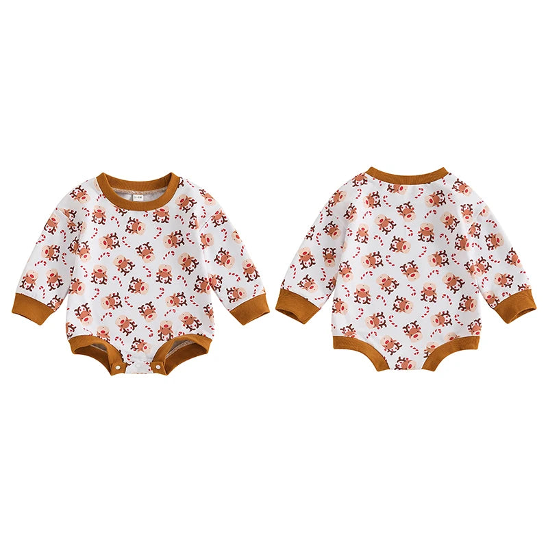 Baby Girls Boys Christmas Jumpsuit Long Sleeve Crewneck Reindeer Print Bubble Romper