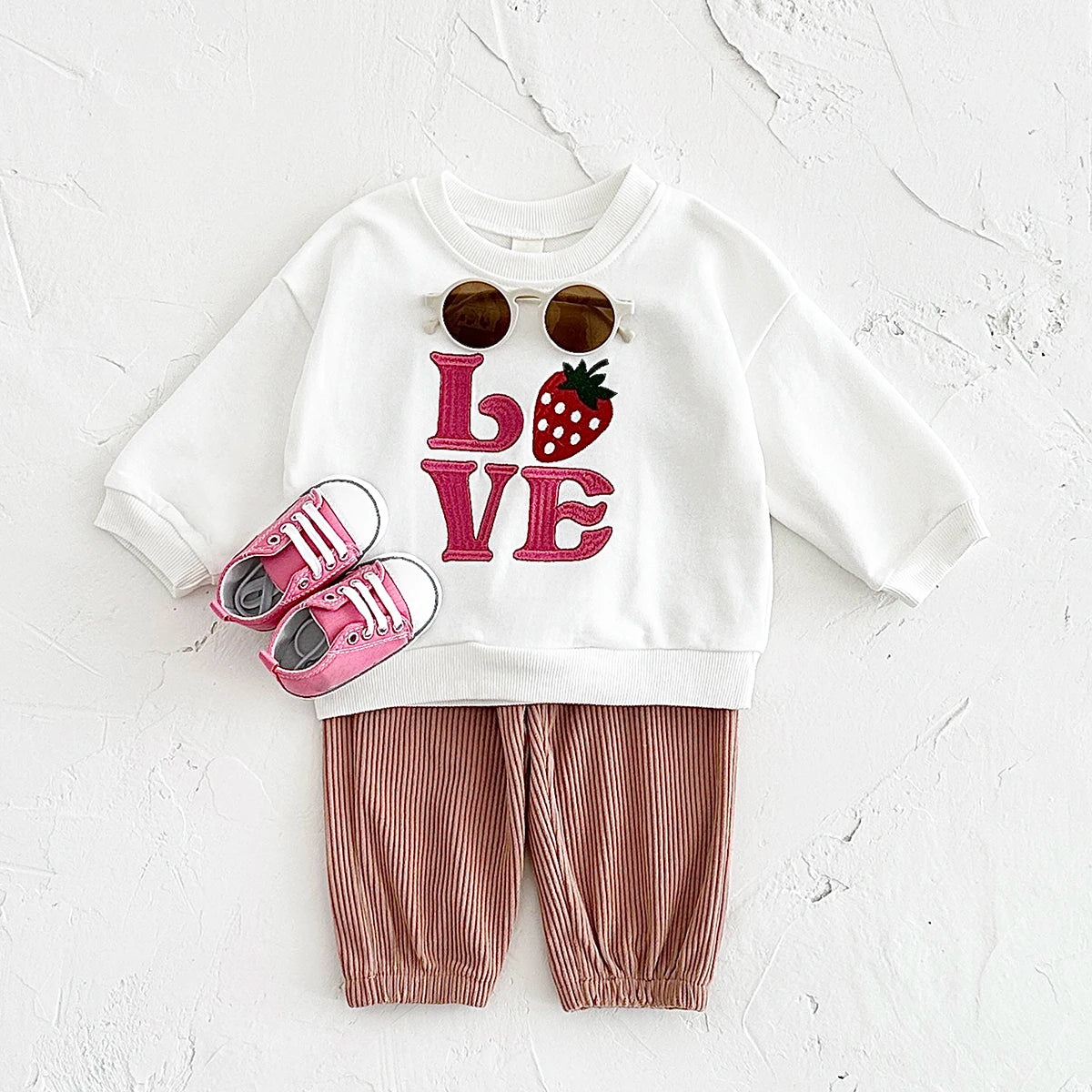 Baby Toddler Boys Girls 2Pcs Set Fruit Letters MOOD / LOVE / VIBE EmbroideryLong Sleeve Crewneck Top + Corduroy Pants Outfit