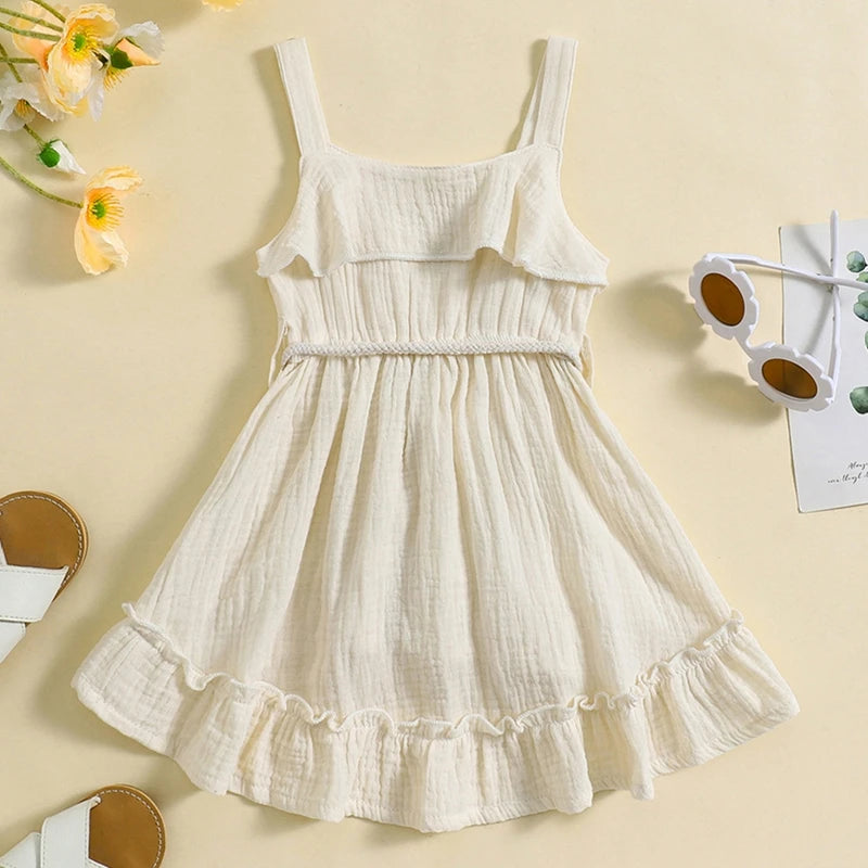 Baby Toddler Girls Summer Dress Casual Sleeveless Tank Square Neck Tie Belt A-Line Dress