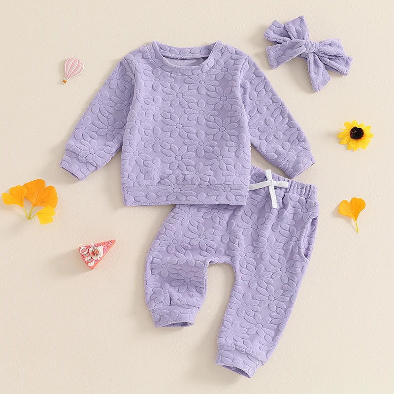 Baby Toddler Girls 3Pcs Fall Outfit Daisy Flower Embroidery Long Sleeve Top with Elastic Waist Pants Headband Set