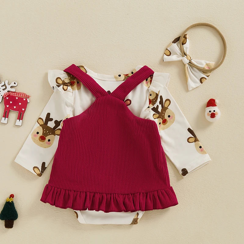 Baby Girls 3Pcs Christmas Outfit Reindeer / Gingerbread Man Print Romper Corduroy Overalls Dress Headband Bow Set