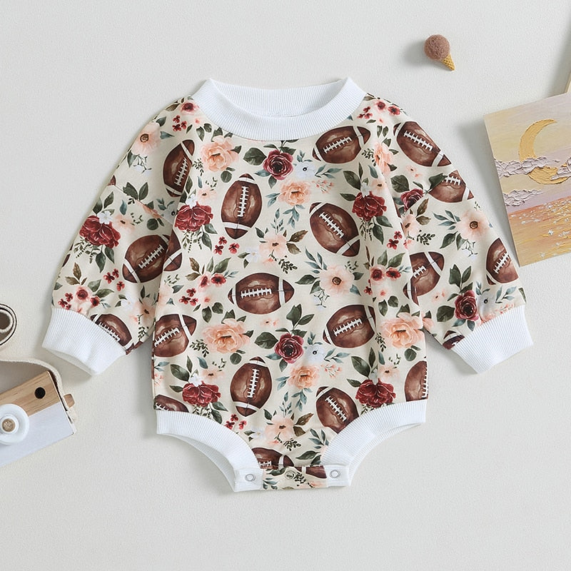 Baby Boy Girl Fall Bodysuit Long Sleeve Round Neck Football Print Jumpsuit Romper