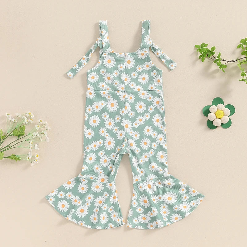 Baby Toddler Girls Romper Jumpsuit Sleeveless Tie Tank Top Daisy Flower Print Bell Bottom Overalls