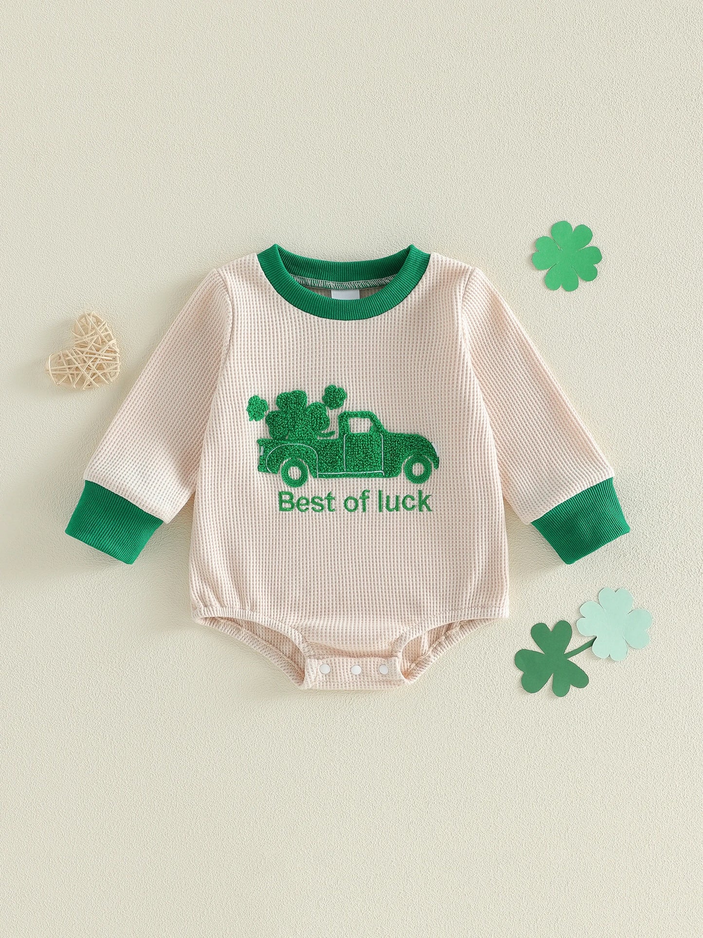 Baby Boy Romper Best of Luck Long Sleeve Round Neck Shamrock Truck Embroidery Bodysuit St. Patrick's Day Playsuit
