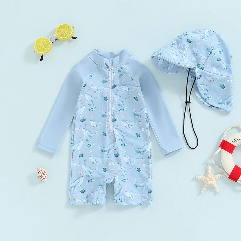 Baby Toddler Boy 2Pcs Swimwear Set Dinosaurs / Turtle / Whale Print Long Sleeve Swimsuit Sun Hat Bathing Suit Outfit Set