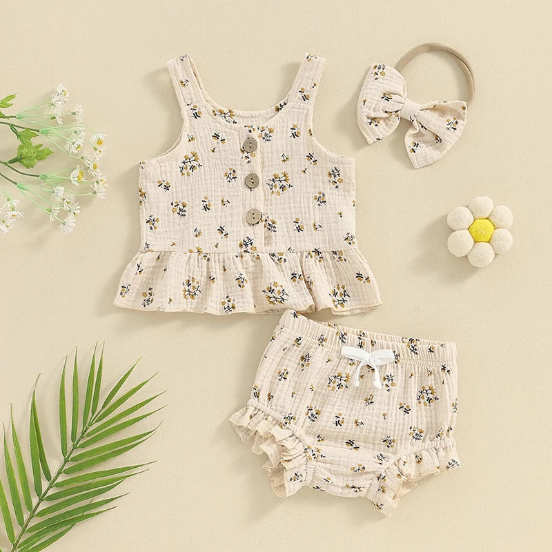 Baby Toddler Girls 3Pcs Summer Set Round Neck Floral Print Tank Top Elastic Waist Frill Trim Shorts Headband 3Piece Outfit