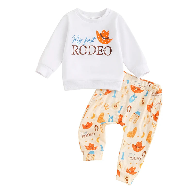 Baby Toddler Boys Girls 2Pcs My First Rodeo Set Cowboy Letter Print Long Sleeve Round Neck Top Pockets Long Pants Outfit