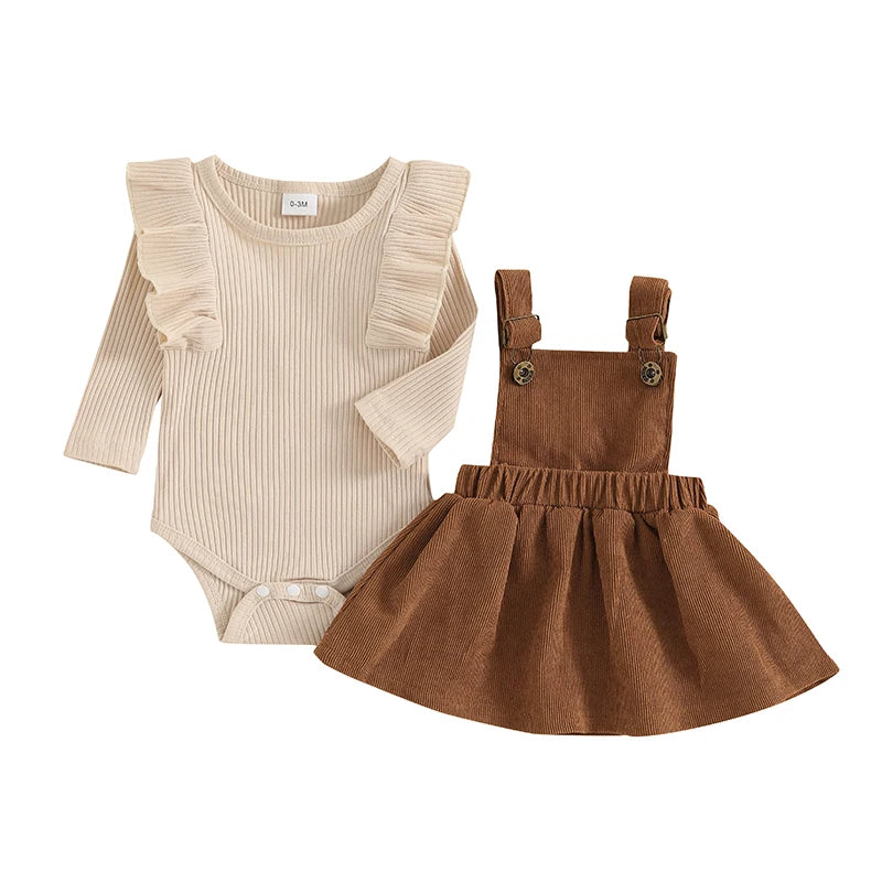 Baby Girl 2Pcs Fall Outfit Solid Ruffled Long Sleeve Crew Neck Romper with Corduroy Suspender Skirt 2Pcs Set