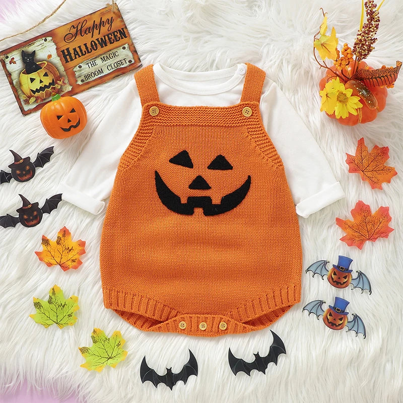 Baby Boys Girls Knit Romper Sleeveless Pumpkin Face Jack O Lantern Bodysuit Overalls Halloween