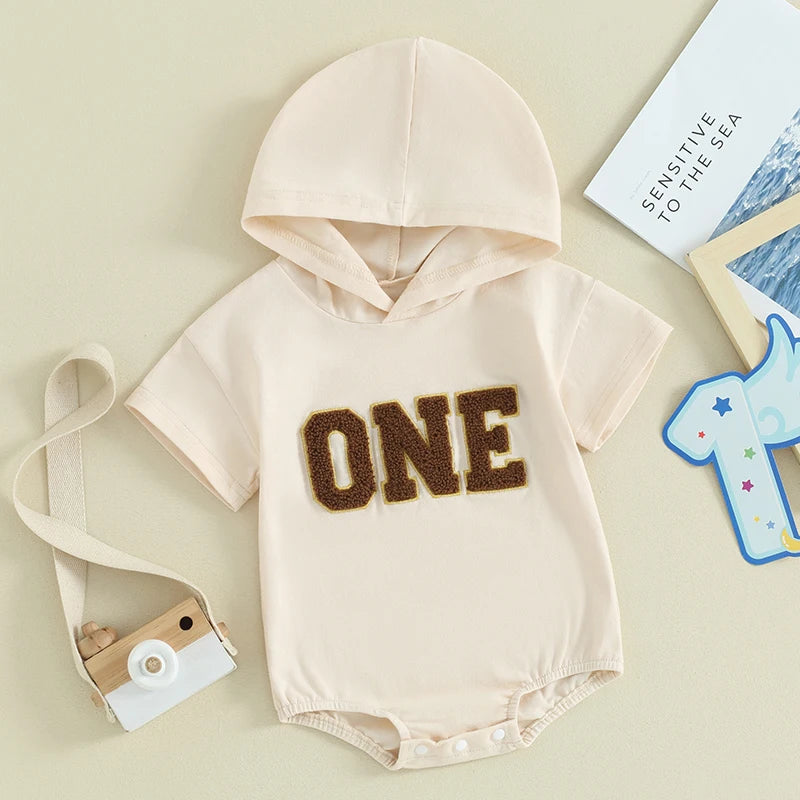 Baby Boy Girl Birthday Hooded Romper Short Sleeve ONE Letter Embroidery Casual Jumpsuits