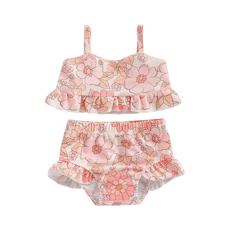 Baby Toddler Girls 2Pcs Bikini Sets Scale/Shell/Floral Print Sleeveless Tank Top and Bottoms Bathing Suit Set